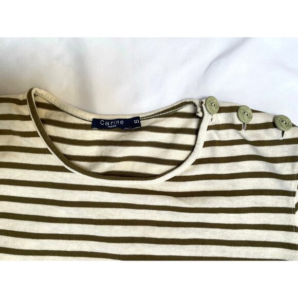Carine Paris Cream Green Olive Striped Tee Top, Nautical Sailor, Small - Picture 2 of 4